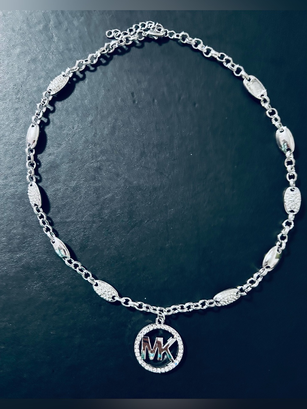 Michael Kors Crystal-Accent MK Pendant Necklace Silver Tone Like New (not worn)